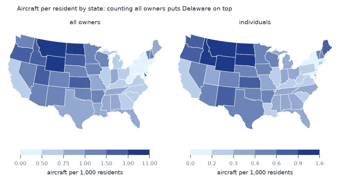 Two maps of lower-48 states shaded by aircraft per 1,000 residents, counting all owners on the left, with Delaware darkest, and individuals only on the right, with Delaware pale and the Mountain West and northern Plains darkest.