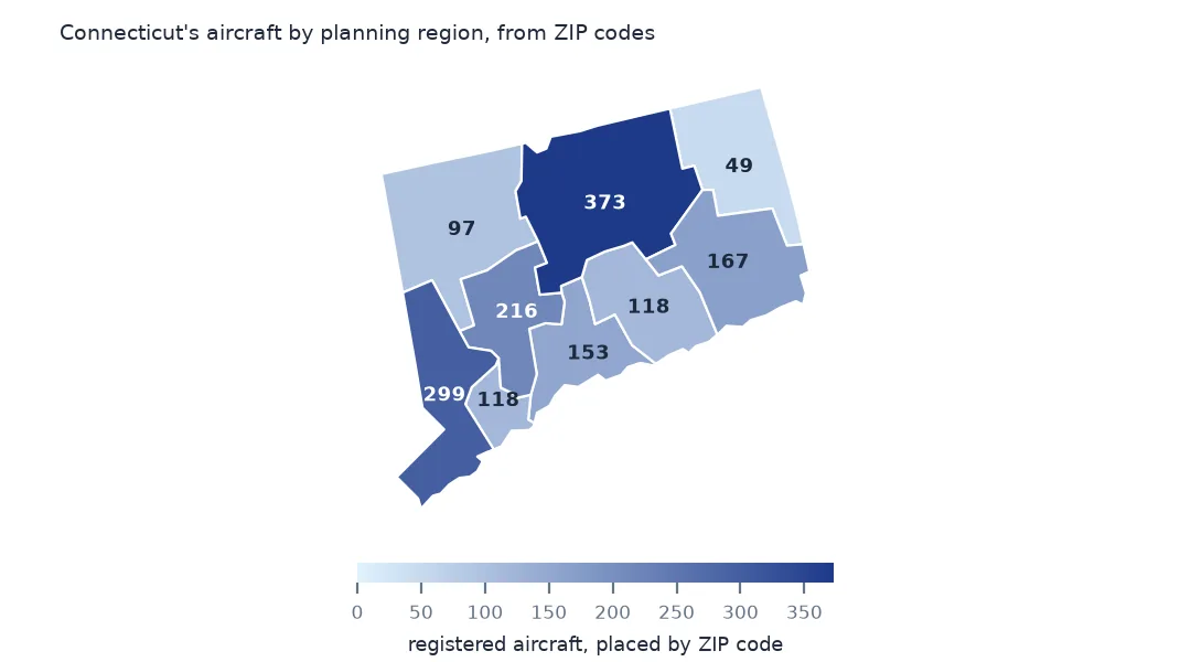 Map of Connecticut's nine planning regions with the number of registered aircraft placed in each by ZIP code, from 373 in Capitol to 49 in Northeastern Connecticut.