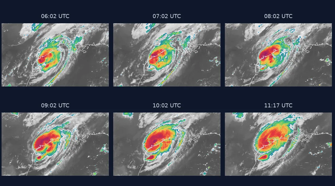 Six GOES-16 infrared frames of the Texas coast and north-west Gulf of Mexico at about 06:00, 07:00, 08:00, 09:00, 10:00 and 11:15 UTC on 8 July 2024. Hurricane Beryl's cold cloud shield, shown in reds, purples and yellows, sits over the coast; it is most compact and coldest around 08:00 and spreads and warms over land in the later frames.