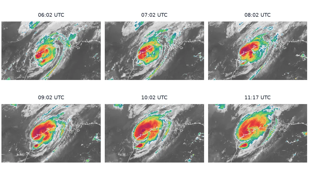 Six GOES-16 infrared frames of the Texas coast and north-west Gulf of Mexico at about 06:00, 07:00, 08:00, 09:00, 10:00 and 11:15 UTC on 8 July 2024. Hurricane Beryl's cold cloud shield, shown in reds, purples and yellows, sits over the coast; it is most compact and coldest around 08:00 and spreads and warms over land in the later frames.