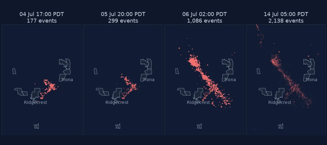 Four frames of the 2019 Ridgecrest earthquake sequence near Ridgecrest and Trona, California: a north-east trending cluster after the M6.4, a dense north-west trending cluster after the M7.1, and by 14 July a faded cross-shaped pattern of 2,138 events.
