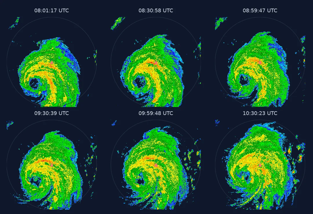 Six frames of a radar loop around KHGX at about 08:00, 08:30, 09:00, 09:30, 10:00 and 10:30 UTC on 8 July 2024. Hurricane Beryl's eye, south-west of the radar in the first frame, moves north-north-west across the frames while spiral rain bands rotate around it and the heaviest reflectivity shifts inland.