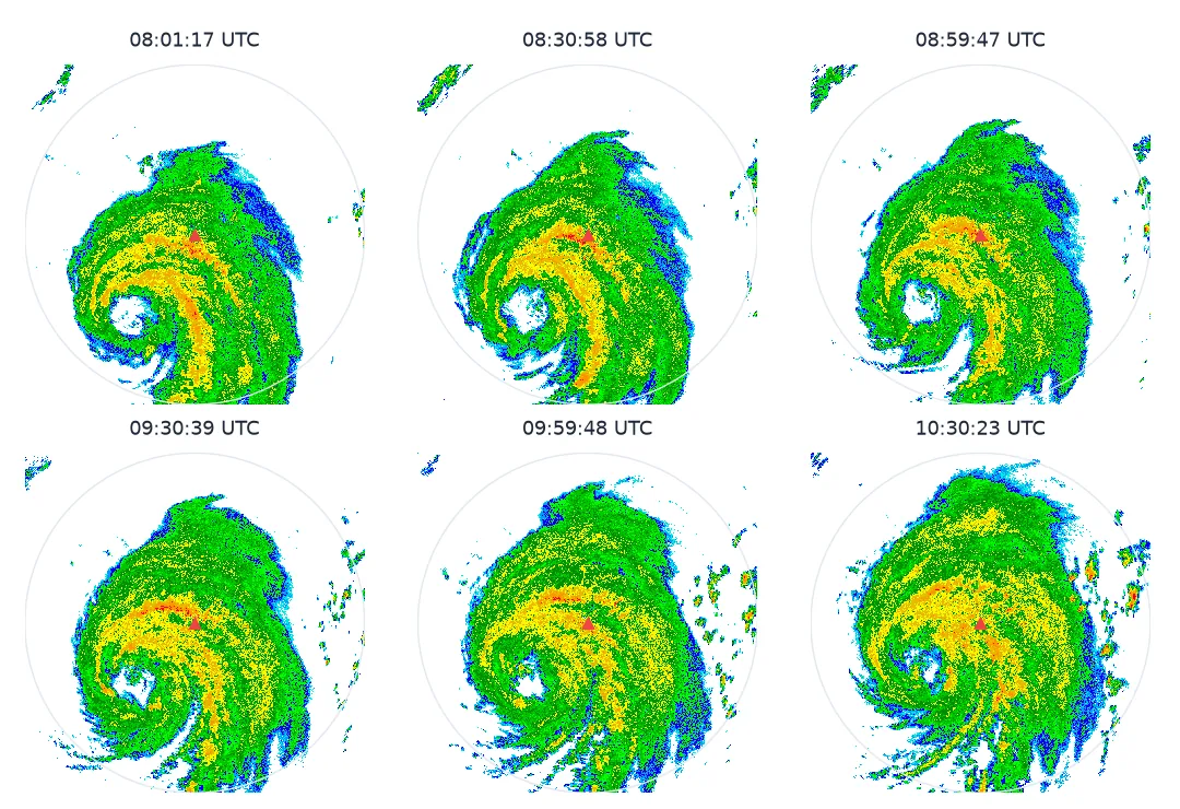 Six frames of a radar loop around KHGX at about 08:00, 08:30, 09:00, 09:30, 10:00 and 10:30 UTC on 8 July 2024. Hurricane Beryl's eye, south-west of the radar in the first frame, moves north-north-west across the frames while spiral rain bands rotate around it and the heaviest reflectivity shifts inland.