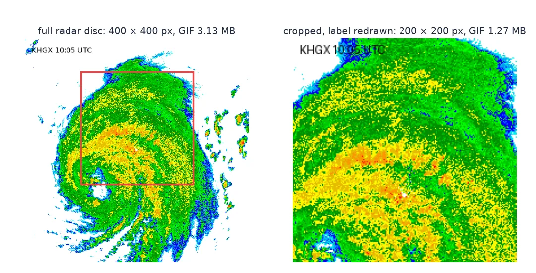Left: a full KHGX radar frame of Hurricane Beryl at 10:05 UTC, a 400 by 400 pixel disc of green, yellow and orange reflectivity with a red box marking the area around Houston. Right: the 200 by 200 pixel crop of that box, with the time label redrawn in its corner.
