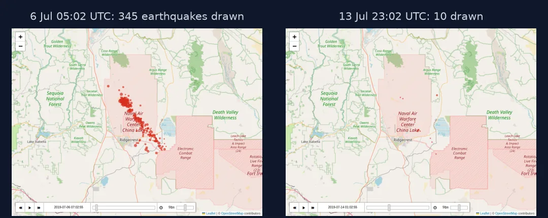 Two browser screenshots of the folium time-slider map over an OpenStreetMap basemap around Ridgecrest, California: on 6 July a dense north-west trending band of red earthquake circles, and on 13 July only a handful of small circles; the slider control sits at the bottom left.