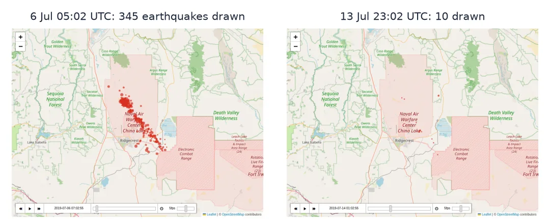 Two browser screenshots of the folium time-slider map over an OpenStreetMap basemap around Ridgecrest, California: on 6 July a dense north-west trending band of red earthquake circles, and on 13 July only a handful of small circles; the slider control sits at the bottom left.