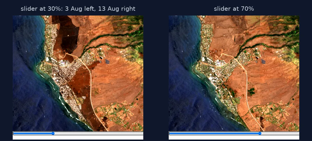 Two browser screenshots of the swipe map over Lahaina, Maui: with the slider at 30% the left part shows the green and grey town on 3 August 2023 and the right part shows a dark brown burn scar across the town on 13 August; at 70% most of the frame shows the town before the fire.