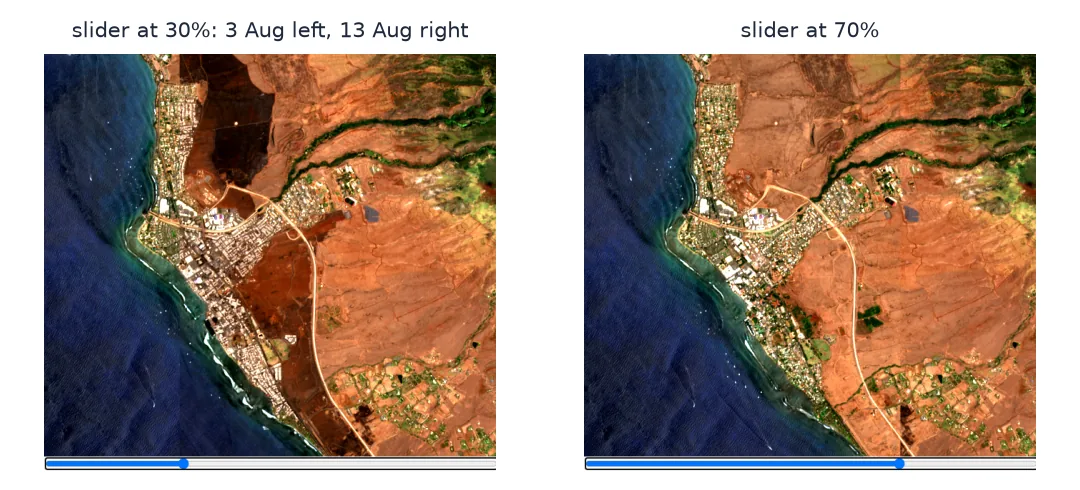 Two browser screenshots of the swipe map over Lahaina, Maui: with the slider at 30% the left part shows the green and grey town on 3 August 2023 and the right part shows a dark brown burn scar across the town on 13 August; at 70% most of the frame shows the town before the fire.