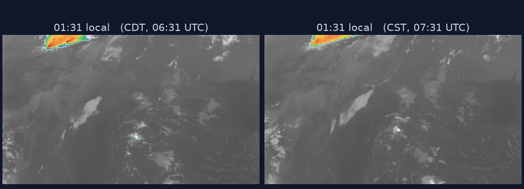 Two GOES-16 infrared images of Texas and the western Gulf of Mexico, both labelled 01:31 local time: the left one is 01:31 CDT, 06:31 UTC, the right one 01:31 CST, 07:31 UTC, an hour later, with the cloud bands visibly moved.