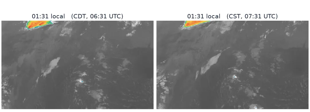 Two GOES-16 infrared images of Texas and the western Gulf of Mexico, both labelled 01:31 local time: the left one is 01:31 CDT, 06:31 UTC, the right one 01:31 CST, 07:31 UTC, an hour later, with the cloud bands visibly moved.