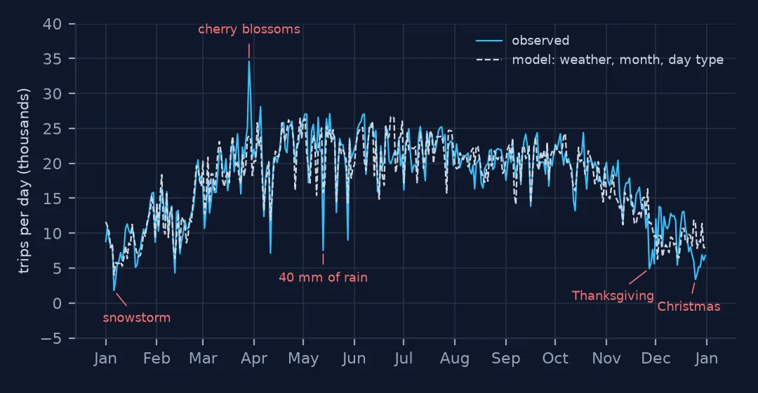 Daily trips through 2025 with the model's fitted values. The two lines track closely; labelled outliers are the January snowstorm, the cherry-blossom Saturday at the end of March, 13 May with 40 mm of rain, Thanksgiving and Christmas.