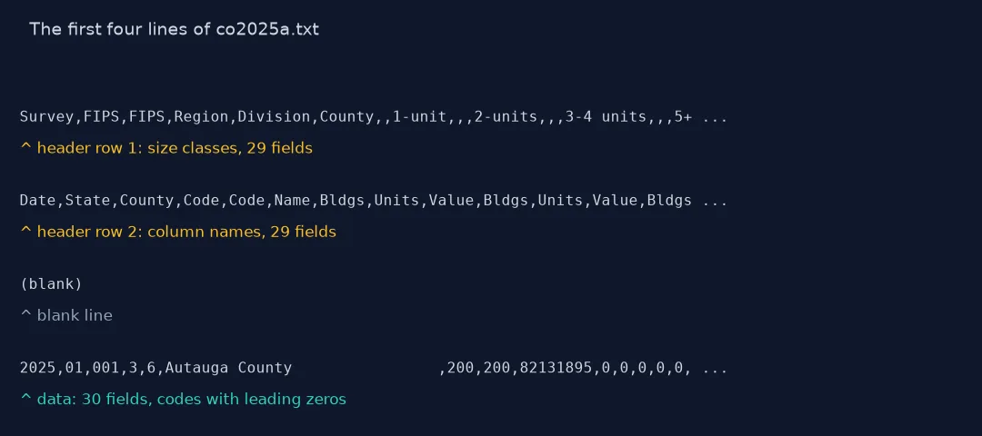 The first four lines of the Census Bureau's co2025a.txt in monospace: a header row of size classes, a header row of column names, a blank line, and the first data row for Autauga County, each labelled.