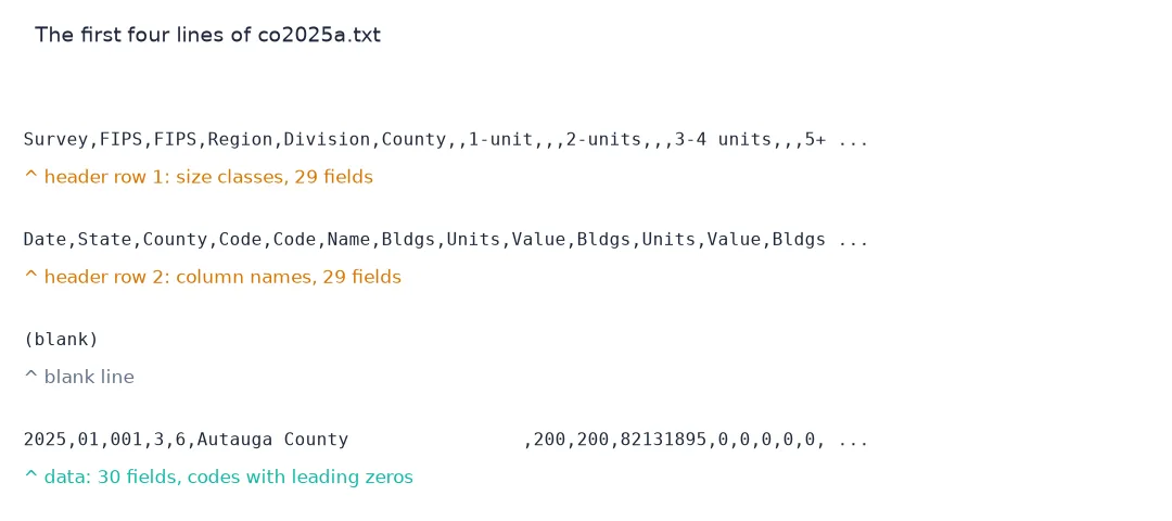 The first four lines of the Census Bureau's co2025a.txt in monospace: a header row of size classes, a header row of column names, a blank line, and the first data row for Autauga County, each labelled.