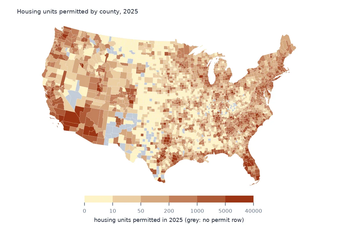 Map of United States counties shaded by housing units permitted in 2025, darkest around Phoenix, Texas cities, Florida and the Southeast, palest across the Great Plains, with grey counties that have no permit row.