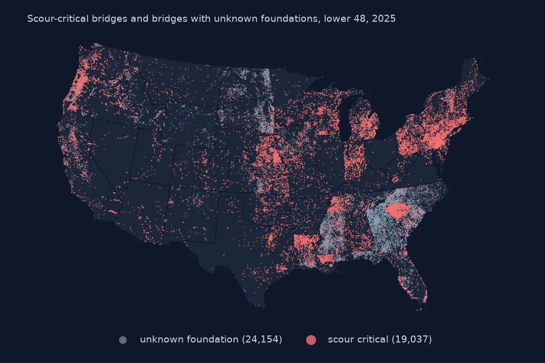Map of the lower 48 with scour-critical bridges in red and bridges with unknown foundations in grey