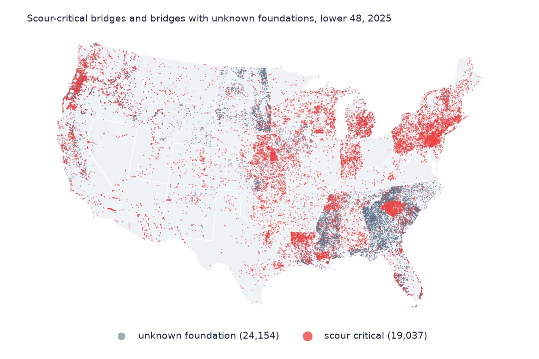 Map of the lower 48 with scour-critical bridges in red and bridges with unknown foundations in grey