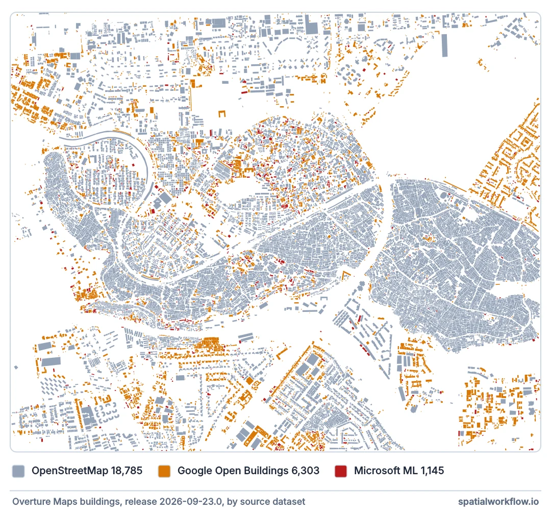 A map of Kibera and its surroundings in Nairobi with every building footprint coloured by source: most are OpenStreetMap, with Google and Microsoft machine-learned footprints concentrated in some neighbourhoods.