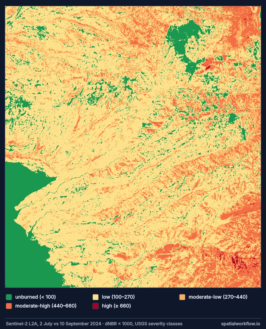 Map of a window inside the 2024 Park Fire classed by burn severity: most of it low severity in pale yellow, moderate and high severity in orange and dark red concentrated in the south-east and north-east, and unburned green at the south-west corner.