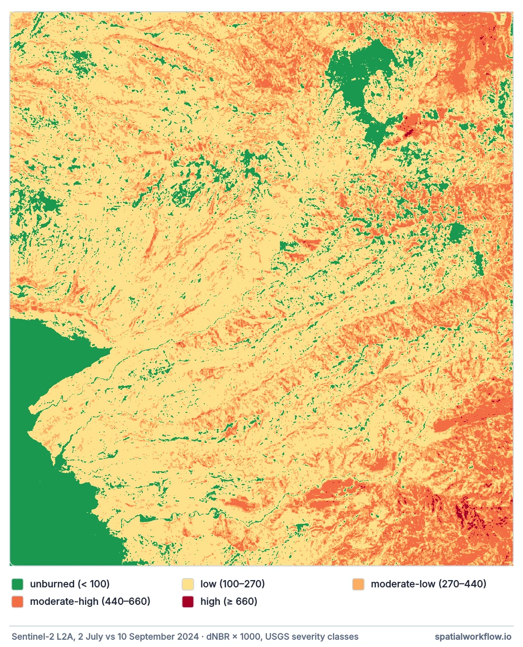 Map of a window inside the 2024 Park Fire classed by burn severity: most of it low severity in pale yellow, moderate and high severity in orange and dark red concentrated in the south-east and north-east, and unburned green at the south-west corner.
