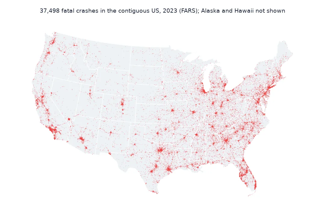 Map of 37,498 fatal crashes in the contiguous US in 2023 as small red dots: dense clusters in metropolitan areas such as Los Angeles, Houston, Dallas, Atlanta, Phoenix and along the I-95 corridor and Florida, scattered dots along highways across the rural West and Plains.
