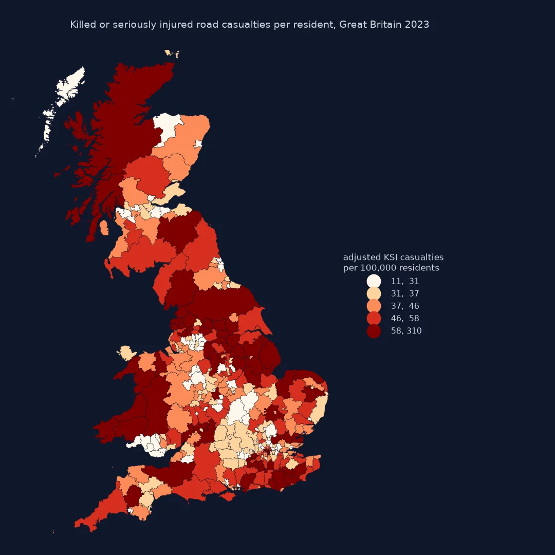 Choropleth of adjusted killed-or-seriously-injured road casualties per 100,000 residents for 350 local authorities in Great Britain in 2023, in quintiles from 11 to 310: the highest class covers the Scottish Highlands, much of rural Wales, the North Pennines and Yorkshire, Lincolnshire and parts of the South East and central London; the lowest includes much of the Midlands, parts of the Home Counties, the Scottish central belt and the Western Isles.