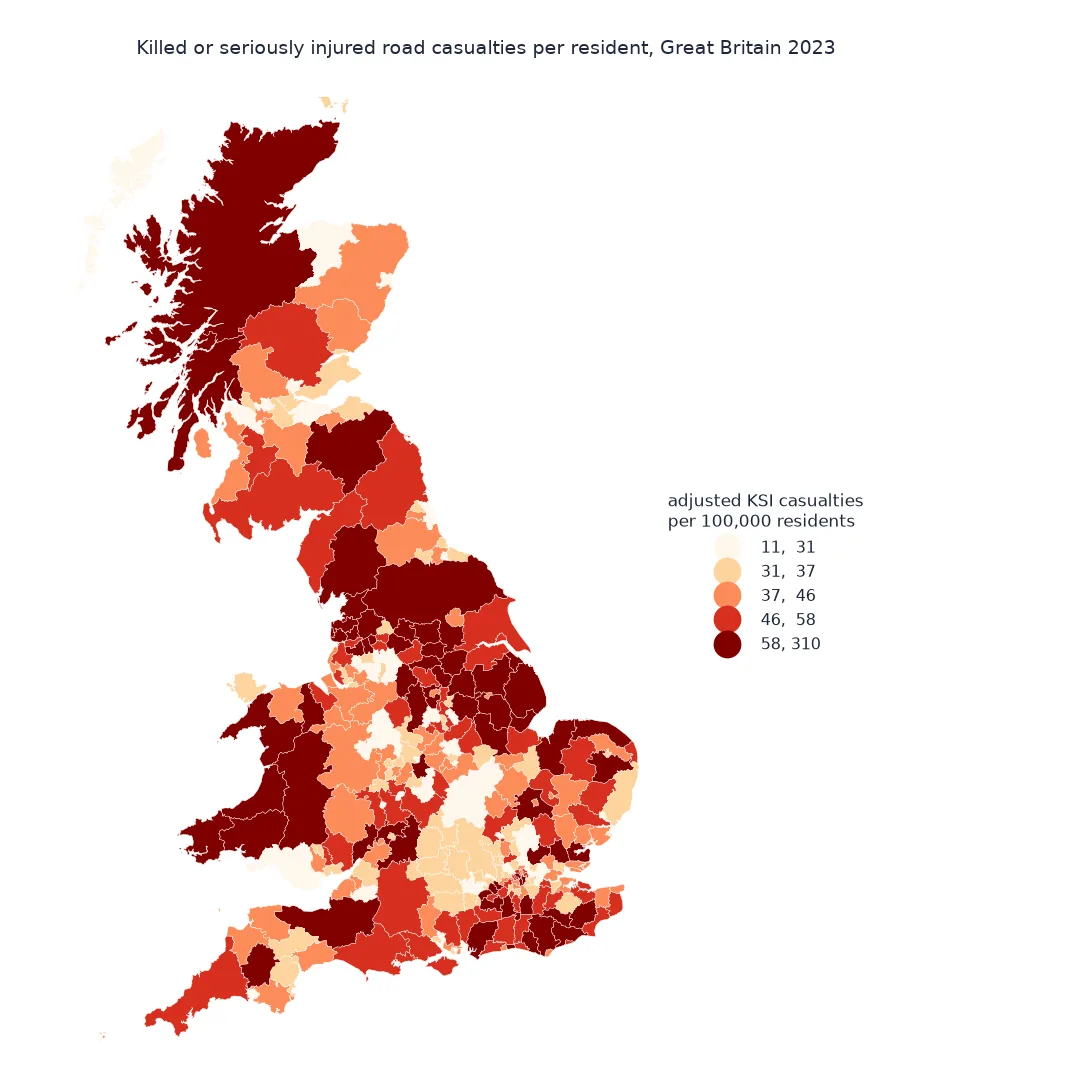Choropleth of adjusted killed-or-seriously-injured road casualties per 100,000 residents for 350 local authorities in Great Britain in 2023, in quintiles from 11 to 310: the highest class covers the Scottish Highlands, much of rural Wales, the North Pennines and Yorkshire, Lincolnshire and parts of the South East and central London; the lowest includes much of the Midlands, parts of the Home Counties, the Scottish central belt and the Western Isles.