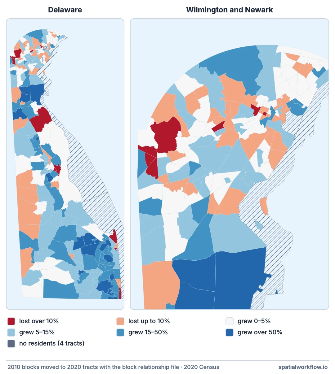 Two maps of Delaware’s 2020 census tracts coloured by population change since 2010, from dark red for losses over 10% to dark blue for growth over 50%, with four tracts without residents hatched.