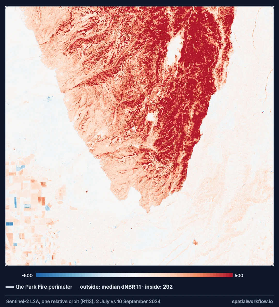 Map of dNBR across the western edge of the Park Fire with the fire perimeter outlined: inside, reds of burned land; outside, near-white and pale blue, with scattered changes in the agricultural fields in the south-west.