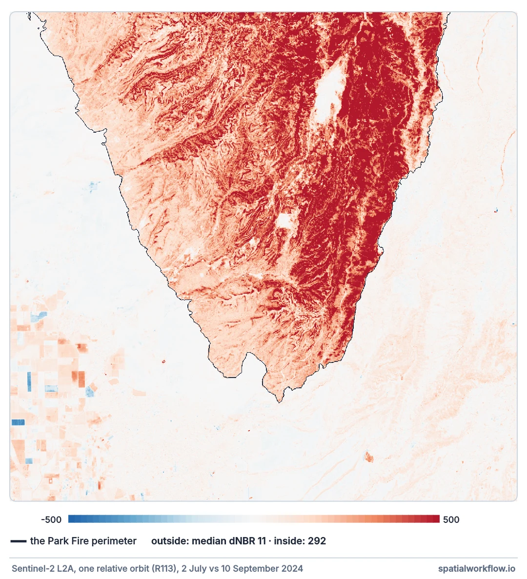 Map of dNBR across the western edge of the Park Fire with the fire perimeter outlined: inside, reds of burned land; outside, near-white and pale blue, with scattered changes in the agricultural fields in the south-west.