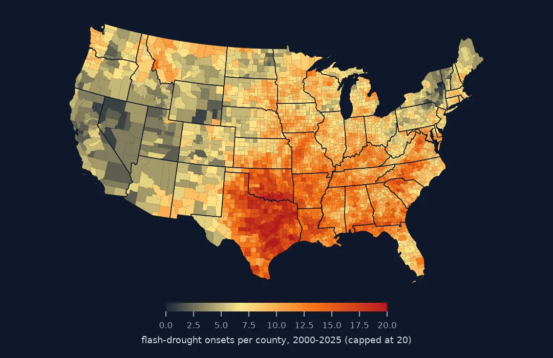 Map of lower 48 counties shaded by the number of flash-drought onsets from 2000 to 2025, darkest across Texas and Oklahoma and pale in the West