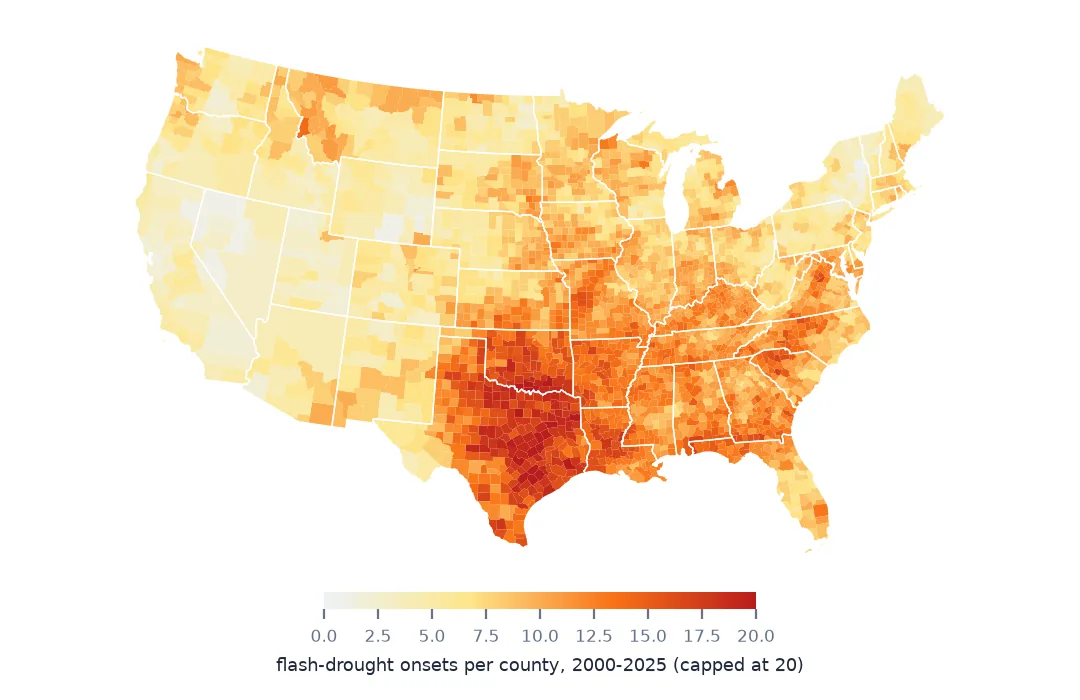 Map of lower 48 counties shaded by the number of flash-drought onsets from 2000 to 2025, darkest across Texas and Oklahoma and pale in the West