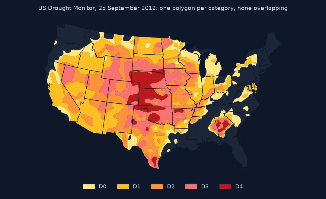 Map of the US Drought Monitor for 25 September 2012 with non-overlapping polygons from D0 to D4, the deepest drought over Nebraska, Kansas and Oklahoma