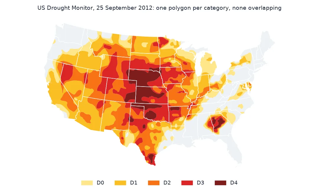 Map of the US Drought Monitor for 25 September 2012 with non-overlapping polygons from D0 to D4, the deepest drought over Nebraska, Kansas and Oklahoma