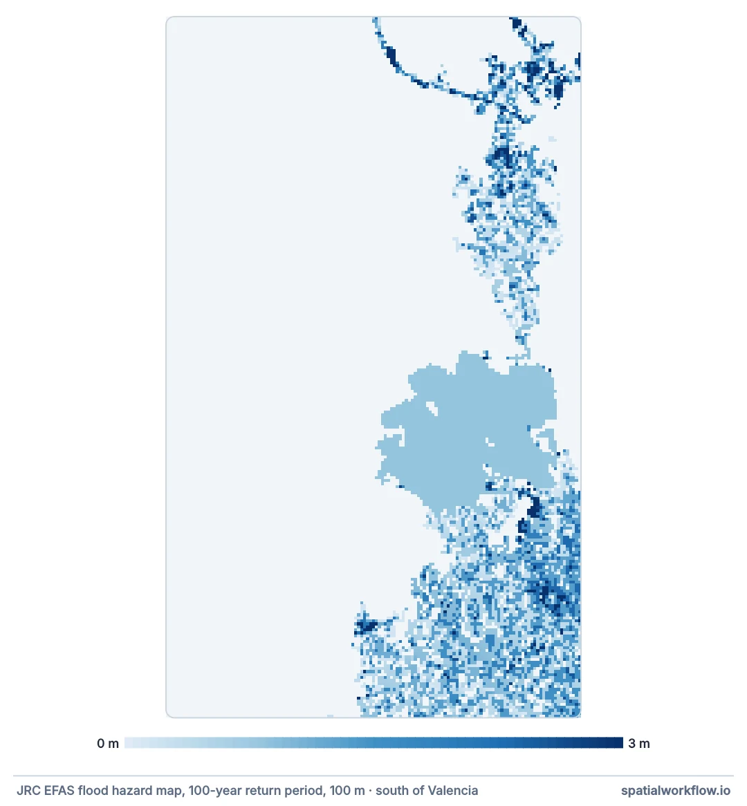 Map of flood depth for the 100-year return period south of Valencia: flooded pixels in blues, deepest in dark blue, spreading along the coastal plain; a large uniform patch in the middle is the Albufera lagoon.