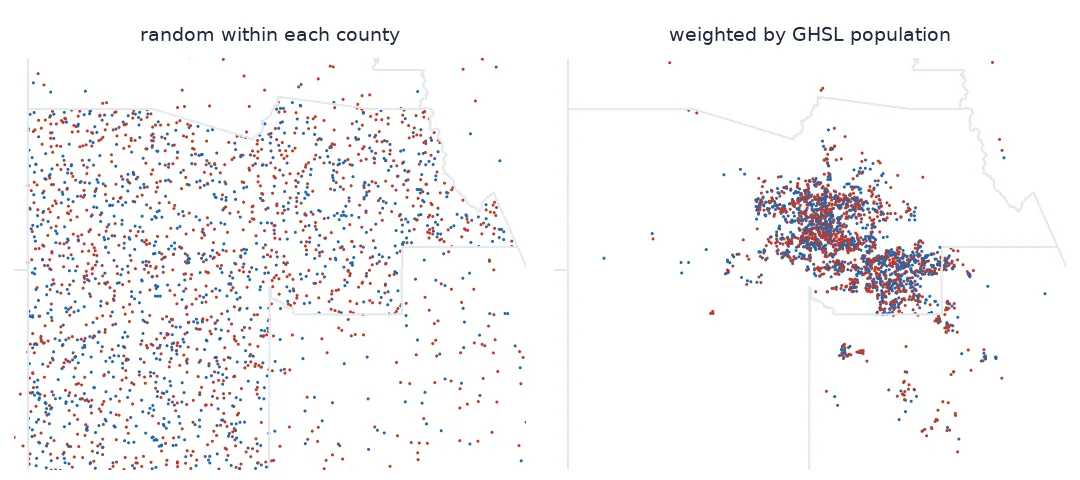 Two dot maps of the Phoenix area at the same scale. With dots placed at random within each county, they spread evenly over Maricopa and Pinal counties, deserts included. With dots weighted by the GHSL population grid, they concentrate in the Phoenix metropolitan area and the towns to its south.