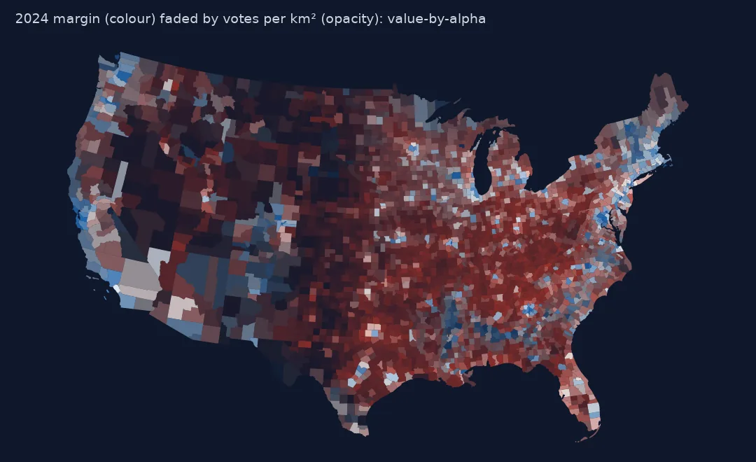 County map of the 2024 presidential margin in which each county's opacity follows its votes per square kilometre. Sparse western and plains counties fade almost to the background, while dense eastern, Midwestern and coastal counties keep strong red or blue; cities such as Seattle, the Bay Area, Los Angeles, Chicago, Atlanta and the Northeast corridor stand out in blue.
