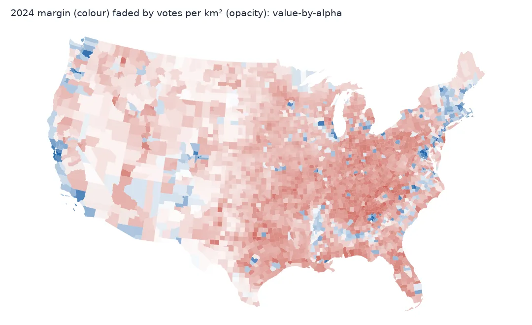County map of the 2024 presidential margin in which each county's opacity follows its votes per square kilometre. Sparse western and plains counties fade almost to the background, while dense eastern, Midwestern and coastal counties keep strong red or blue; cities such as Seattle, the Bay Area, Los Angeles, Chicago, Atlanta and the Northeast corridor stand out in blue.