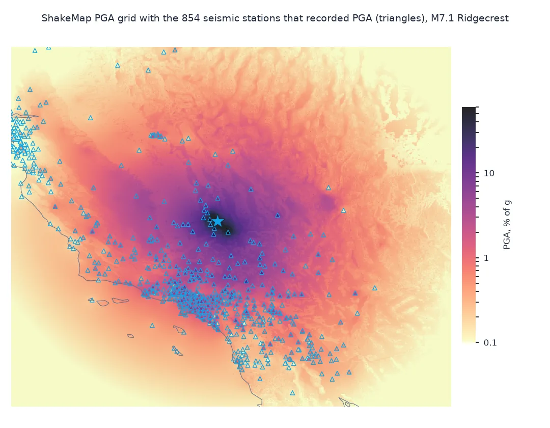 Map of the ShakeMap PGA grid for the 2019 M7.1 Ridgecrest earthquake, darkest around the epicentre star and fading outwards across California and Nevada, with the 854 seismic stations that recorded PGA as triangles: dense in the Los Angeles basin and the Bay Area, sparse in the desert near the rupture.