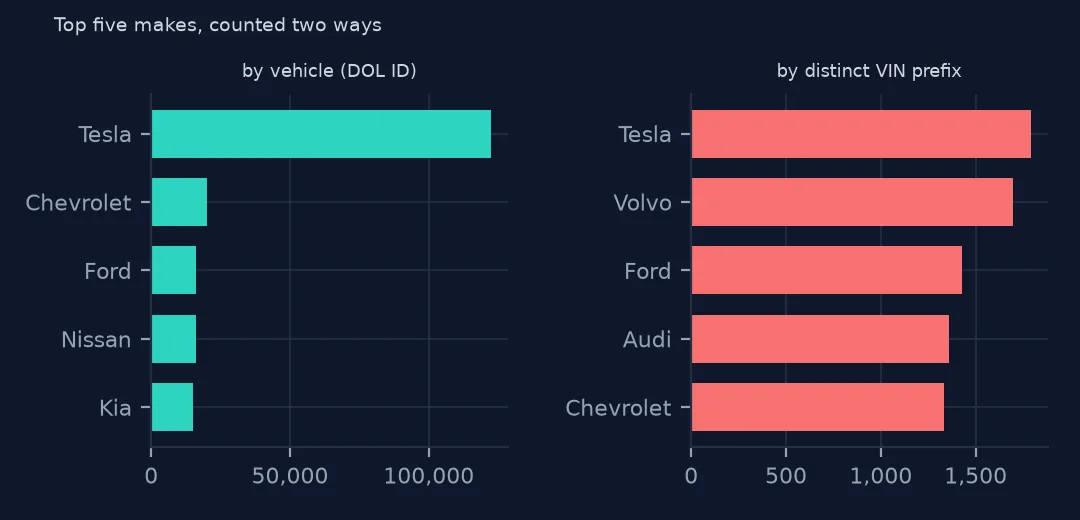 Two bar charts of the top five makes: counted by vehicle, Tesla far ahead of Chevrolet, Ford, Nissan and Kia; counted by distinct VIN prefix, Tesla, Volvo, Ford, Audi and Chevrolet close together.