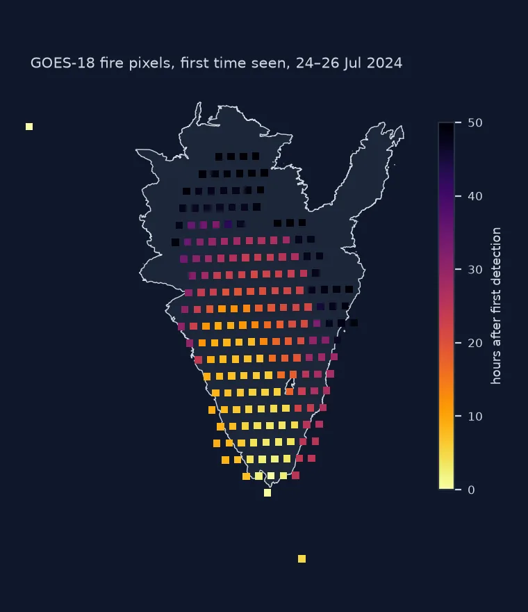 Map of the Park Fire perimeter covered by a regular grid of square GOES-18 fire pixels coloured by when each was first detected: pale yellow at the southern tip in the first hours, orange through the middle after 10 to 20 hours, and dark purple and black in the north after 40 to 50 hours.