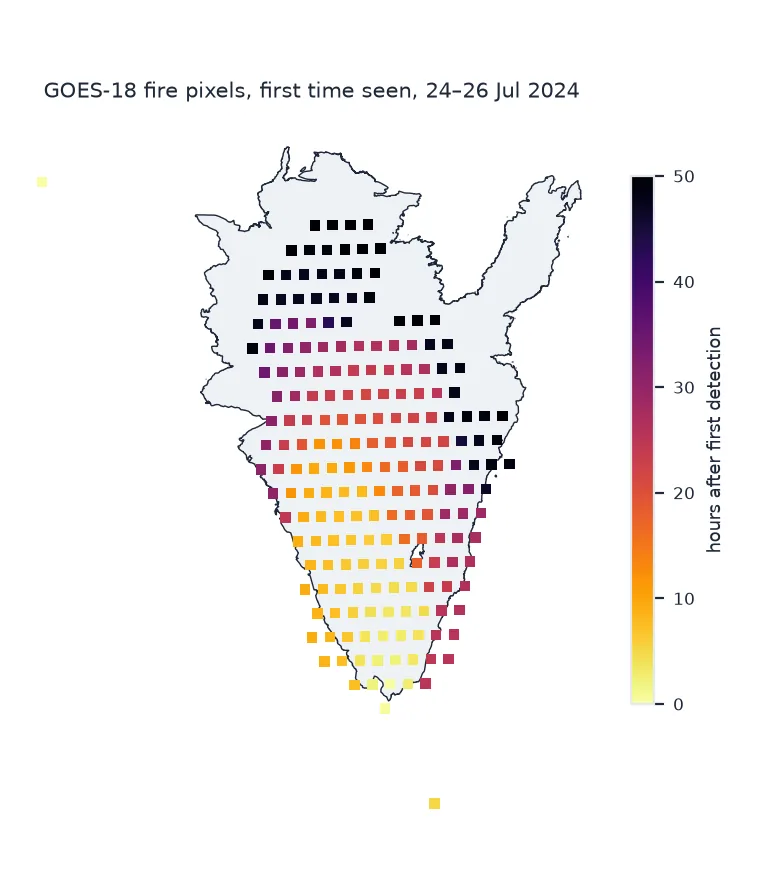Map of the Park Fire perimeter covered by a regular grid of square GOES-18 fire pixels coloured by when each was first detected: pale yellow at the southern tip in the first hours, orange through the middle after 10 to 20 hours, and dark purple and black in the north after 40 to 50 hours.
