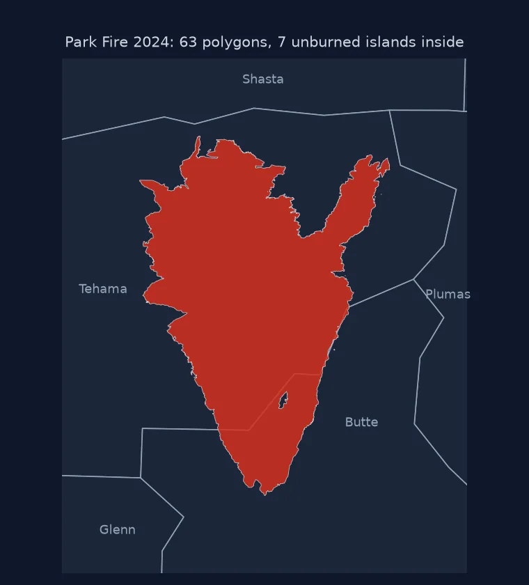 Map of the Park Fire perimeter straddling the Tehama and Butte county line in Northern California, a large red shape with a long arm to the north-east and a small unburned island near its southern end.