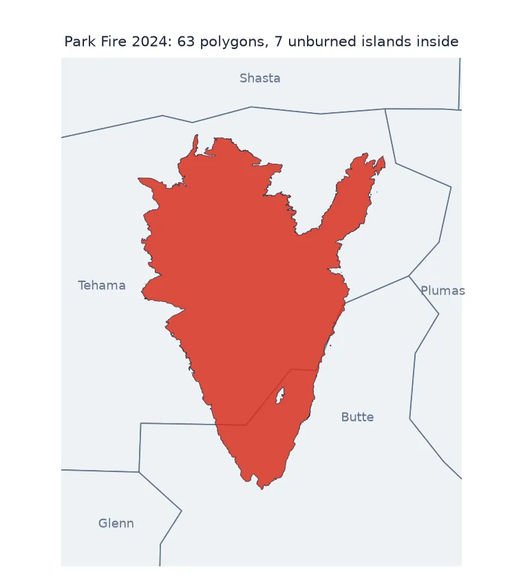 Map of the Park Fire perimeter straddling the Tehama and Butte county line in Northern California, a large red shape with a long arm to the north-east and a small unburned island near its southern end.