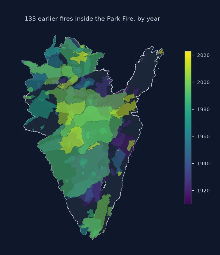 Map of the Park Fire with 133 earlier fire perimeters inside it, coloured by year from purple in the 1910s through green to yellow in the 2010s, overlapping each other heavily in the centre.