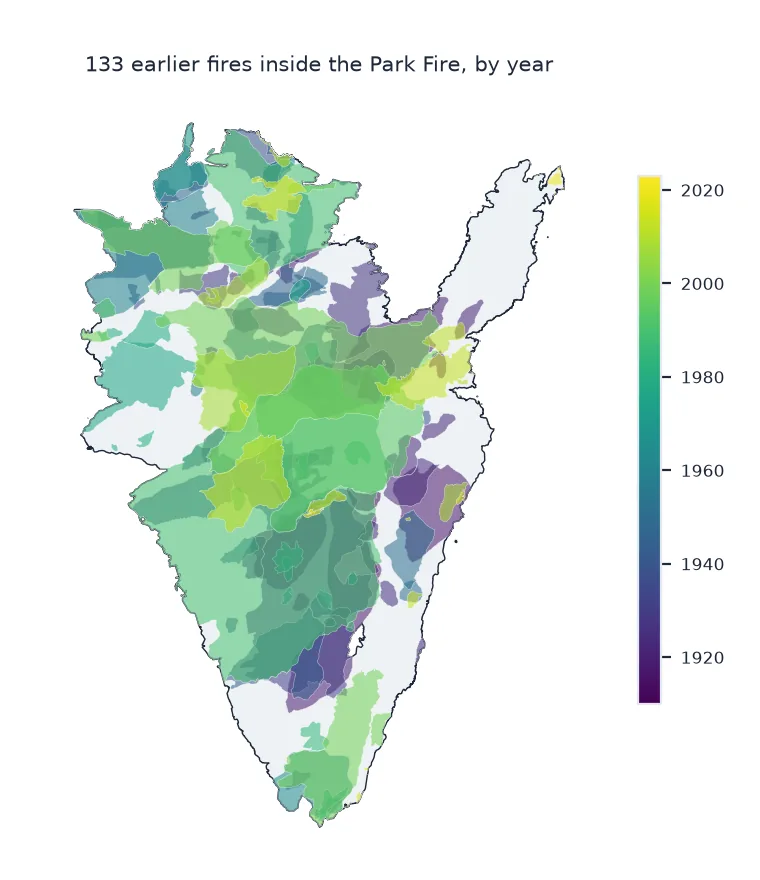 Map of the Park Fire with 133 earlier fire perimeters inside it, coloured by year from purple in the 1910s through green to yellow in the 2010s, overlapping each other heavily in the centre.