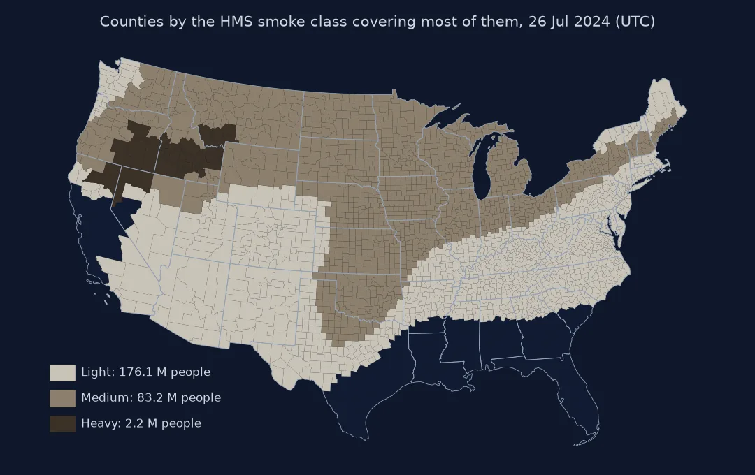 Map of the contiguous United States with counties coloured by the HMS smoke class covering most of each on 26 July 2024: heavy smoke over Idaho, eastern Oregon and northern Nevada; medium smoke across the northern tier from Washington to New England and down through the Plains; light smoke over most of the South and West; California's coast and the Gulf Coast states largely clear.
