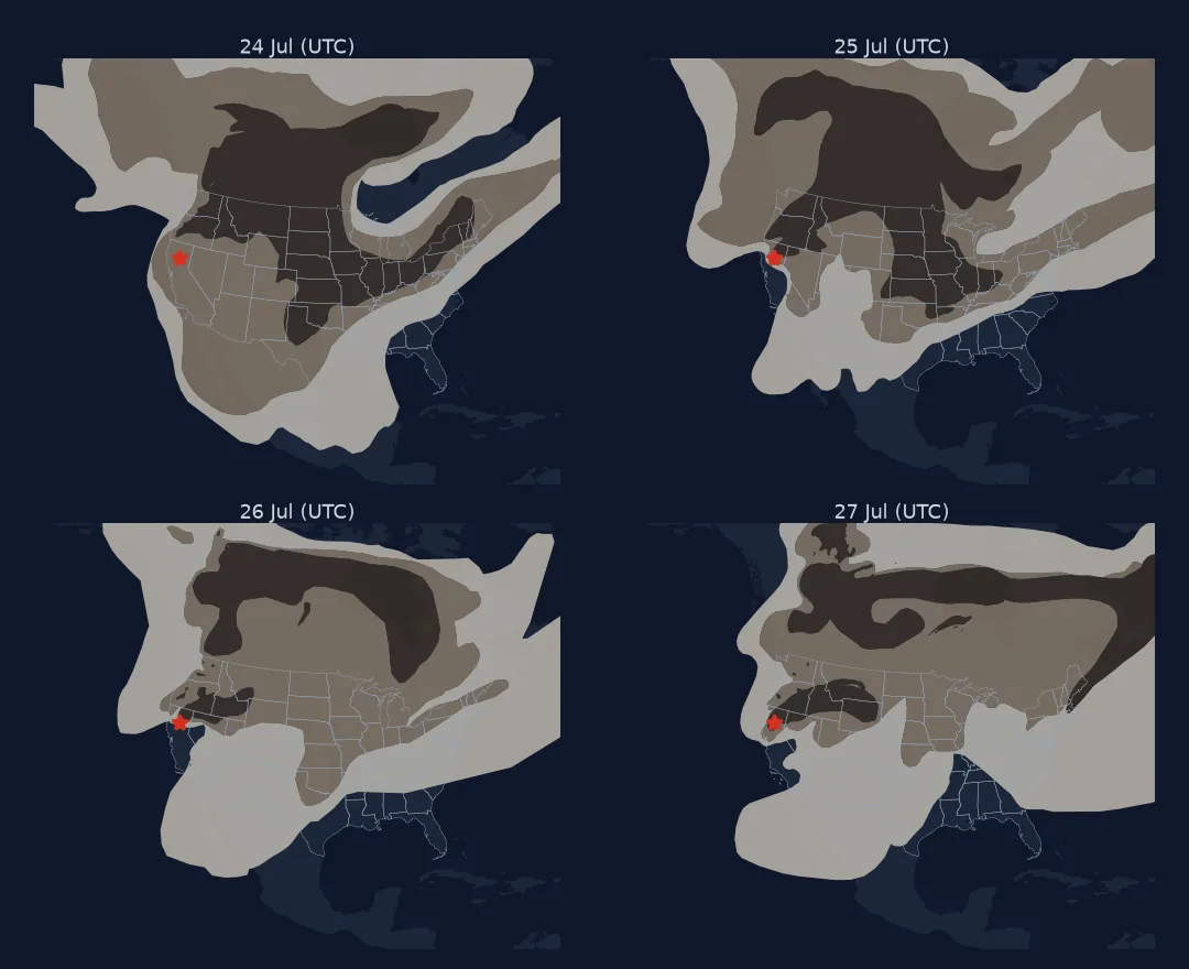Four maps of HMS smoke over North America for 24 to 27 July 2024: heavy smoke shifts from the northern Plains and Midwest on 24 July to Canada and the Pacific Northwest by 26 and 27 July, with medium and light smoke covering most of the continent each day; the Park Fire is marked.