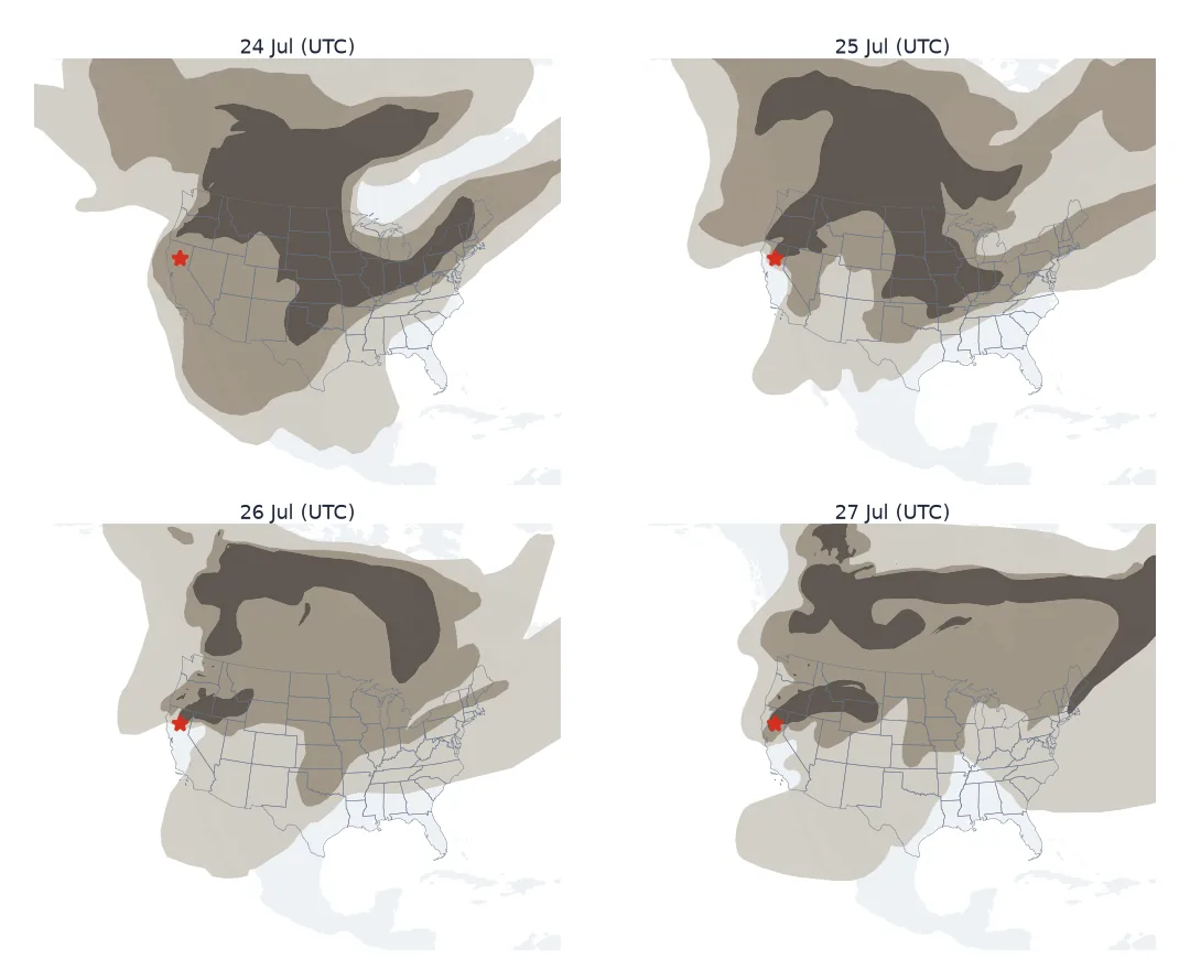 Four maps of HMS smoke over North America for 24 to 27 July 2024: heavy smoke shifts from the northern Plains and Midwest on 24 July to Canada and the Pacific Northwest by 26 and 27 July, with medium and light smoke covering most of the continent each day; the Park Fire is marked.