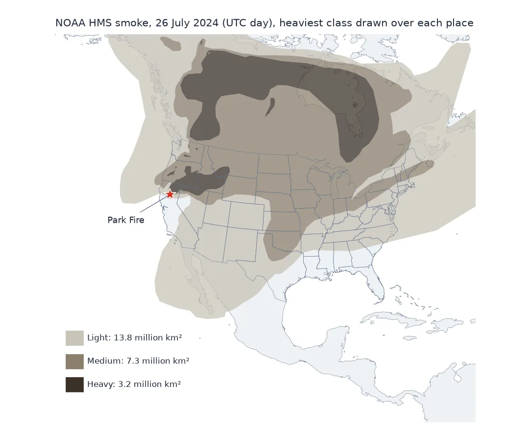 Map of North America for 26 July 2024 shaded by the heaviest HMS smoke class drawn over each place: light smoke over most of the continent from Alaska to the Gulf of Mexico, medium smoke across Canada and the northern and central United States, and heavy smoke over central Canada and over Oregon and Idaho; the Park Fire in Northern California is marked with a star.