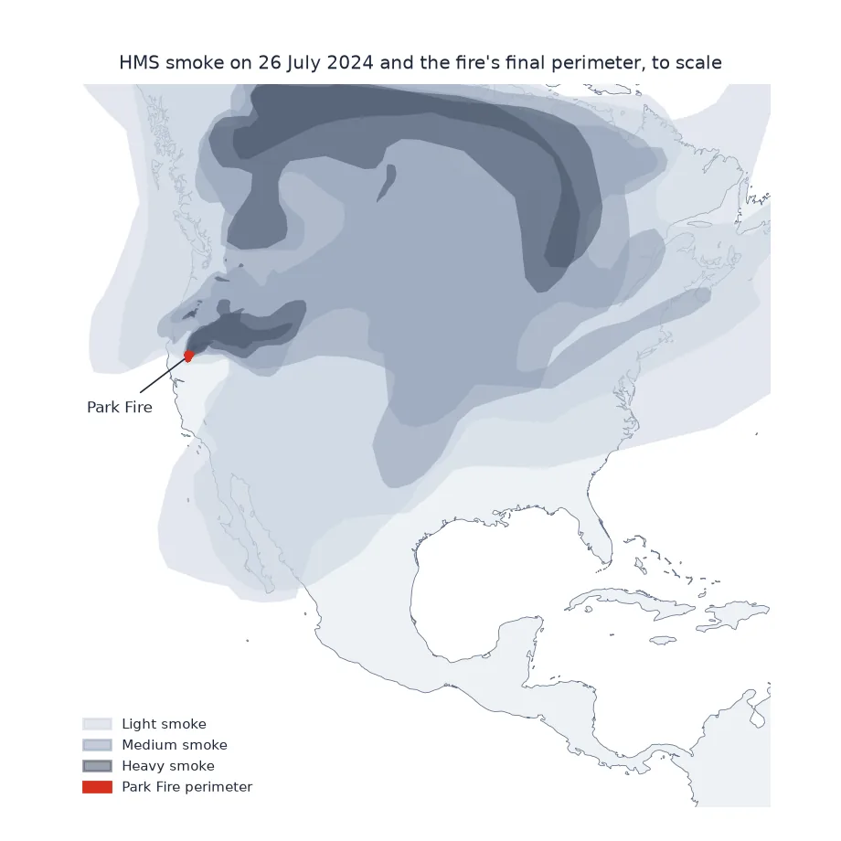 Map of North America with HMS smoke on 26 July 2024 covering most of the continent from the Pacific Northwest to the Atlantic, with heavy smoke over central Canada and Idaho and Oregon, and the Park Fire perimeter as a small red shape in Northern California.